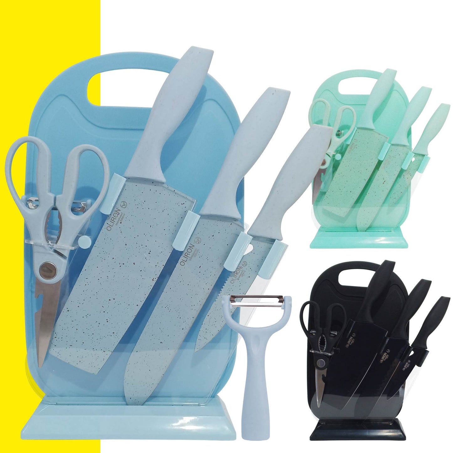 Set DE COCINA X7 Cuchillos Acero Inoxidable Base Y TABLA