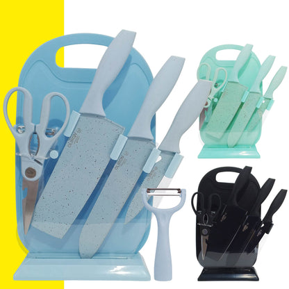 Set DE COCINA X7 Cuchillos Acero Inoxidable Base Y TABLA