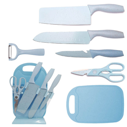 Set DE COCINA X7 Cuchillos Acero Inoxidable Base Y TABLA