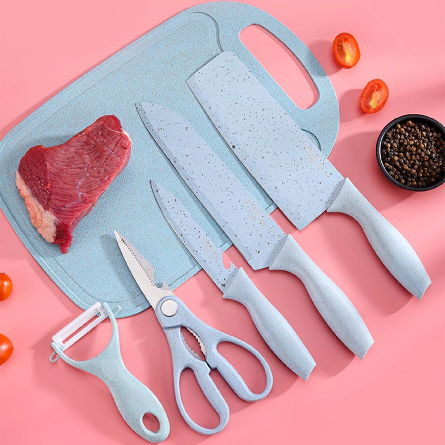 Set DE COCINA X7 Cuchillos Acero Inoxidable Base Y TABLA