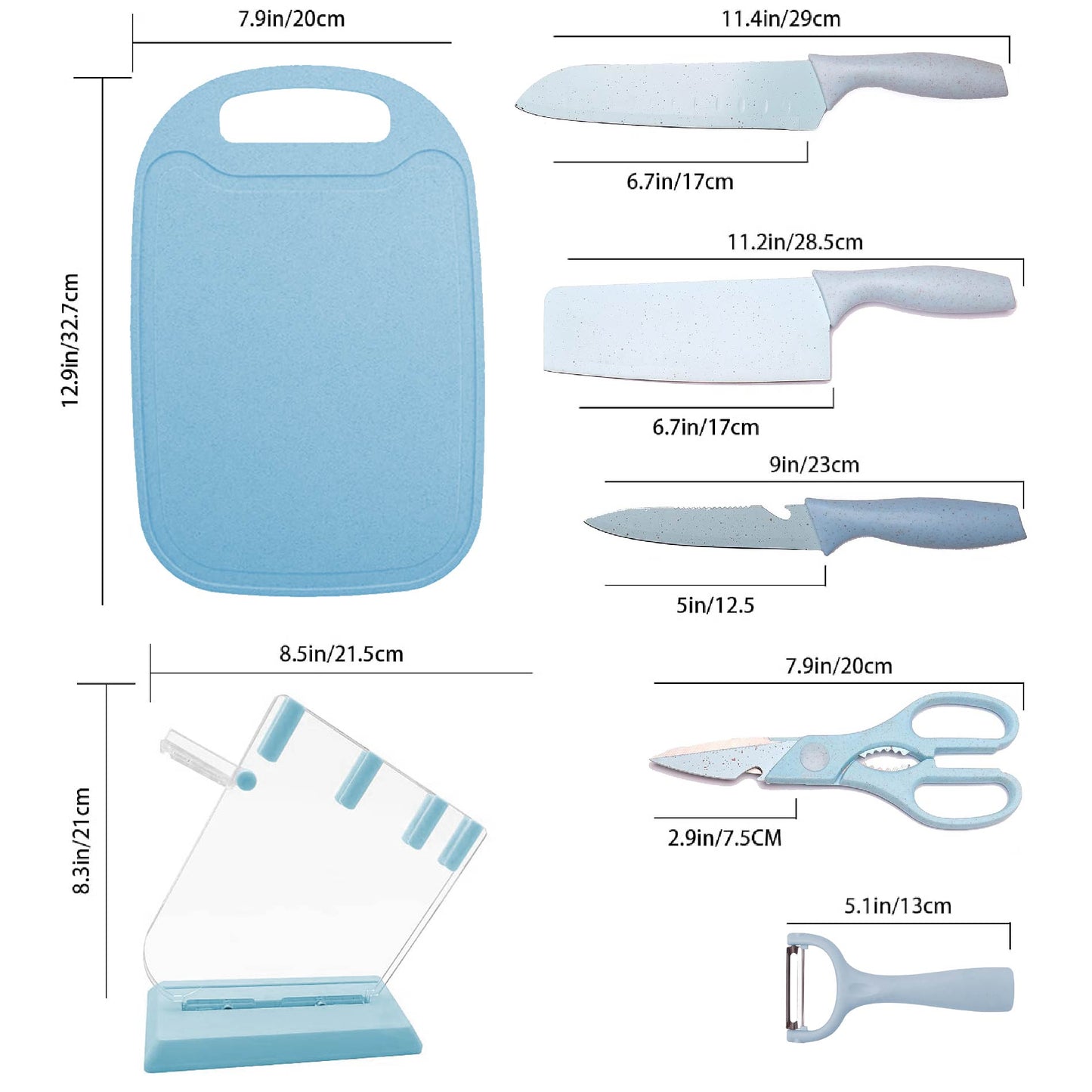 Set DE COCINA X7 Cuchillos Acero Inoxidable Base Y TABLA