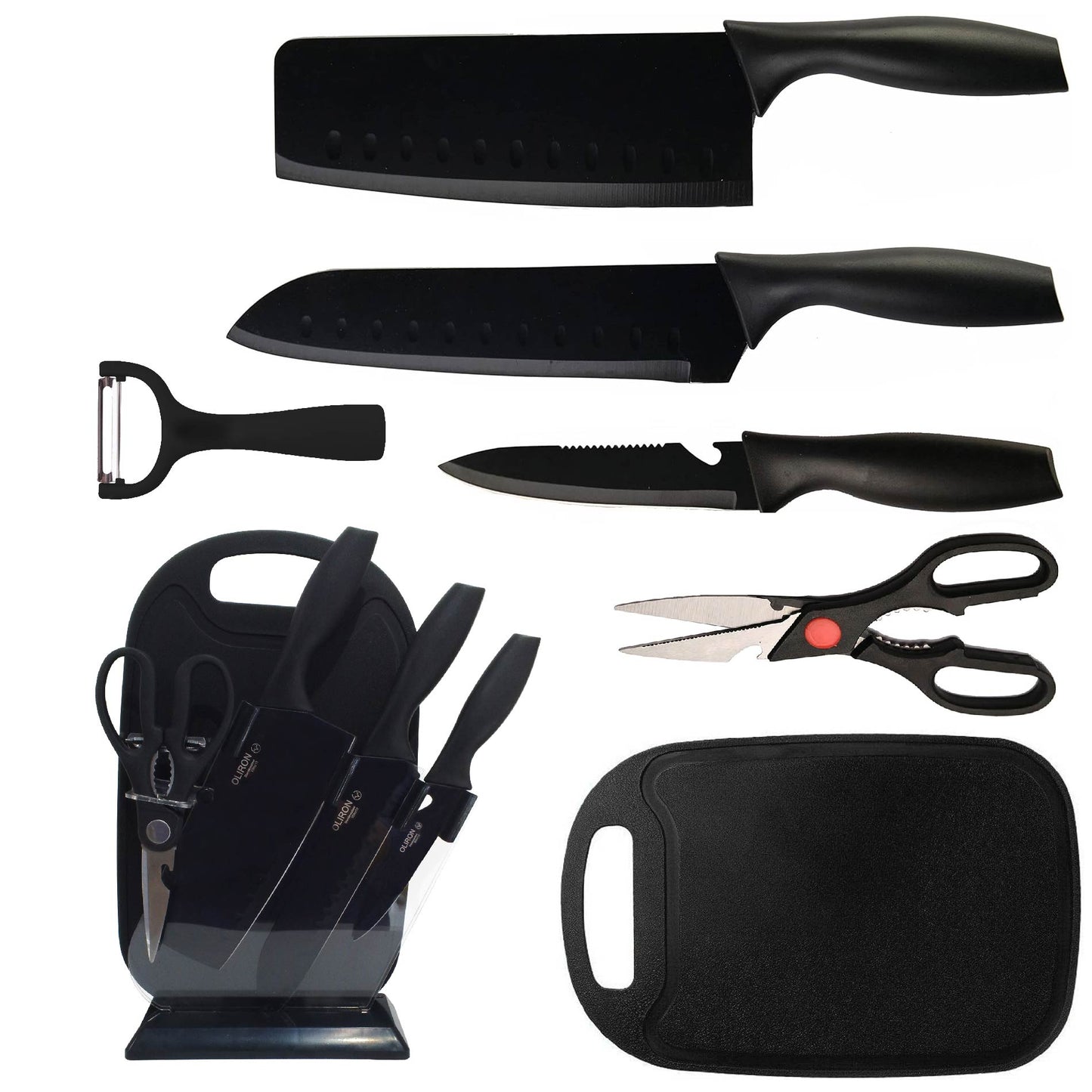 Set DE COCINA X7 Cuchillos Acero Inoxidable Base Y TABLA