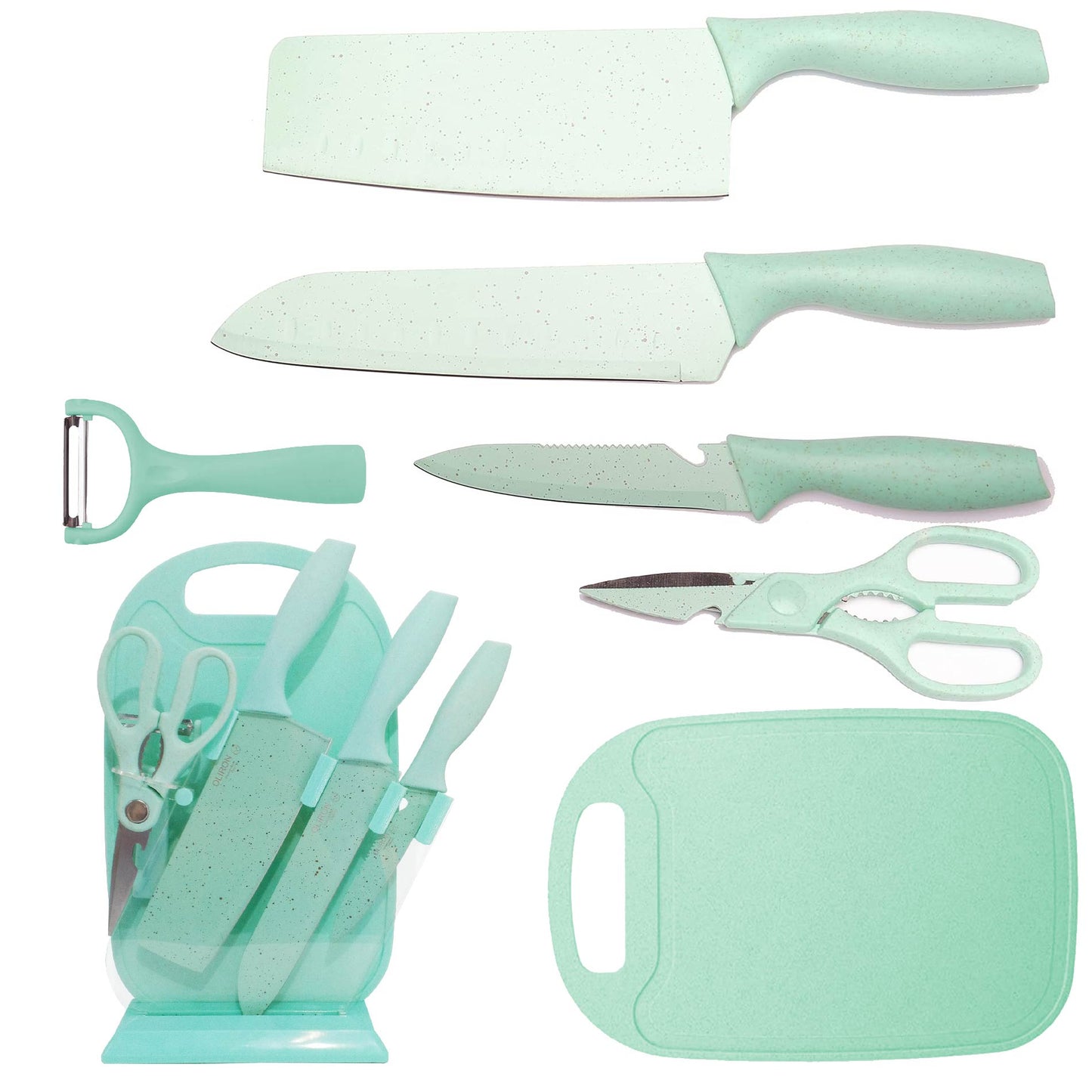 Set DE COCINA X7 Cuchillos Acero Inoxidable Base Y TABLA