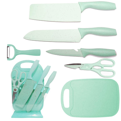 Set DE COCINA X7 Cuchillos Acero Inoxidable Base Y TABLA